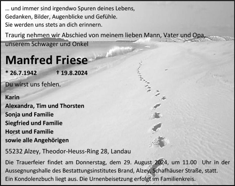  Traueranzeige für Manfred Friese vom 24.08.2024 aus Allgemeine Zeitung Alzey