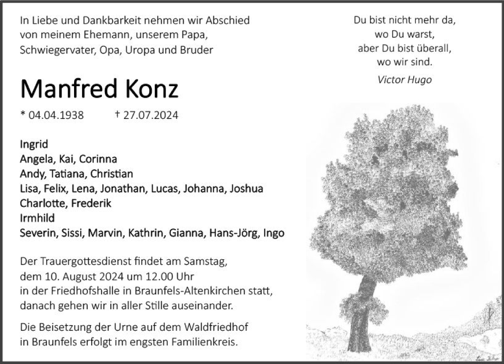  Traueranzeige für Manfred Konz vom 07.08.2024 aus Wetzlarer Neue Zeitung