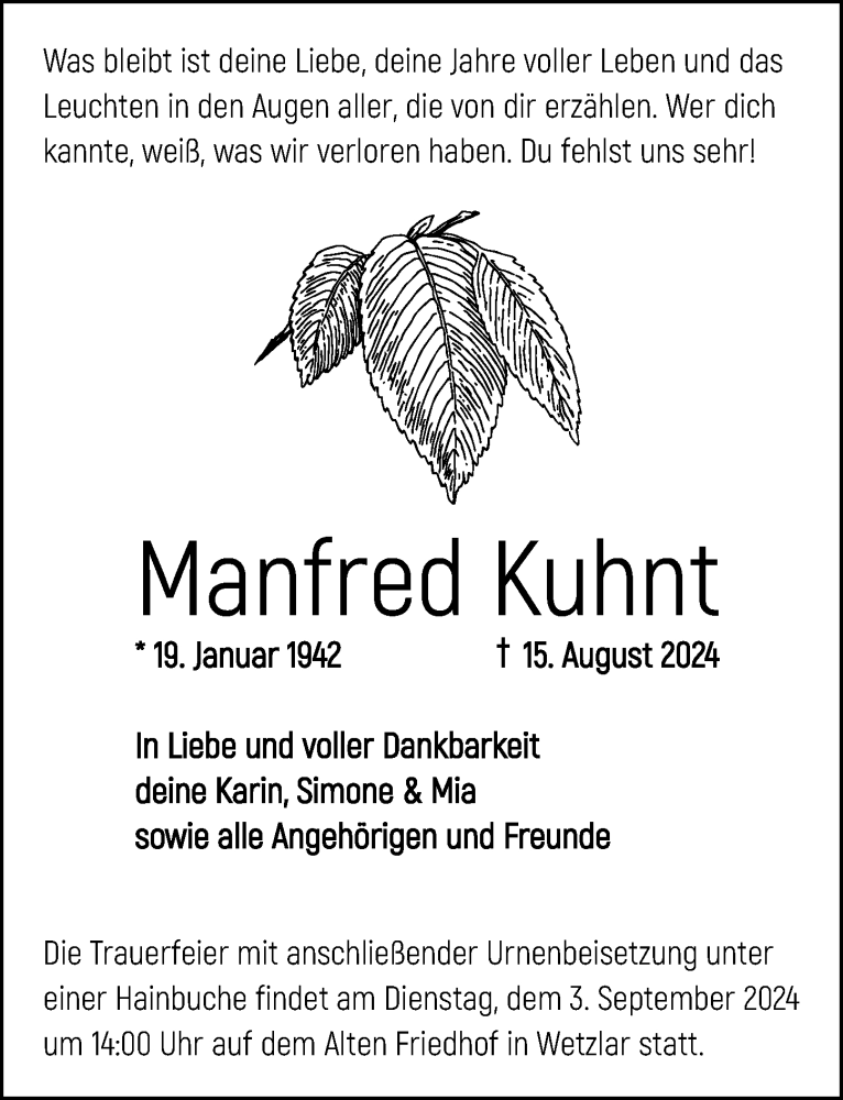  Traueranzeige für Manfred Kuhnt vom 31.08.2024 aus Wetzlarer Neue Zeitung
