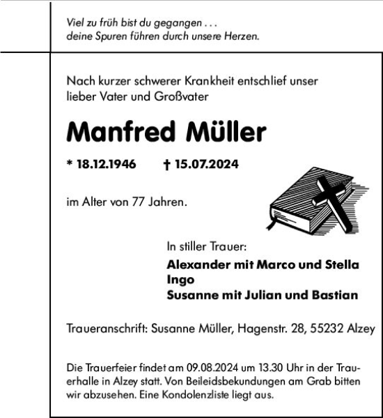 Traueranzeige von Manfred Müller von Allgemeine Zeitung Alzey