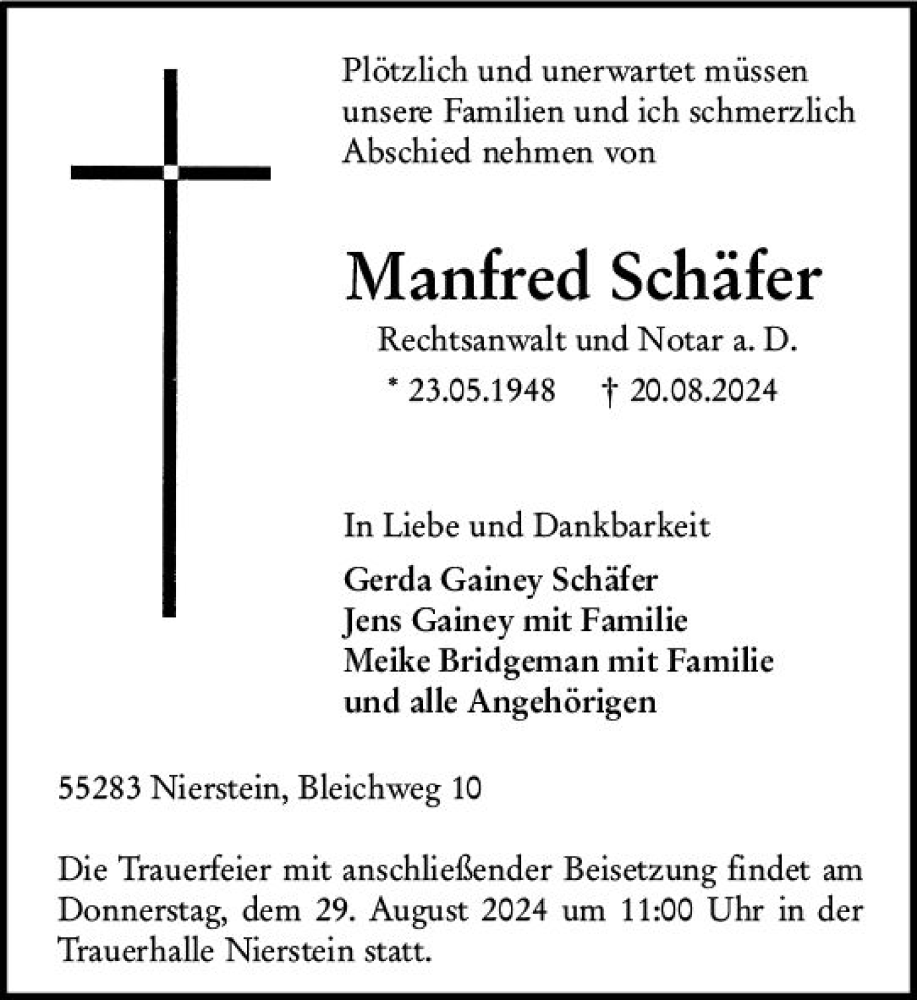  Traueranzeige für Manfred Schäfer vom 24.08.2024 aus Allgemeine Zeitung Mainz