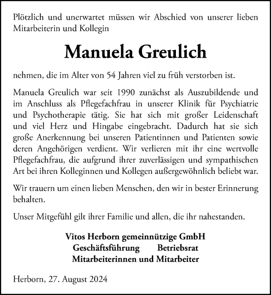 Traueranzeige von Manuela Greulich von Dill Block