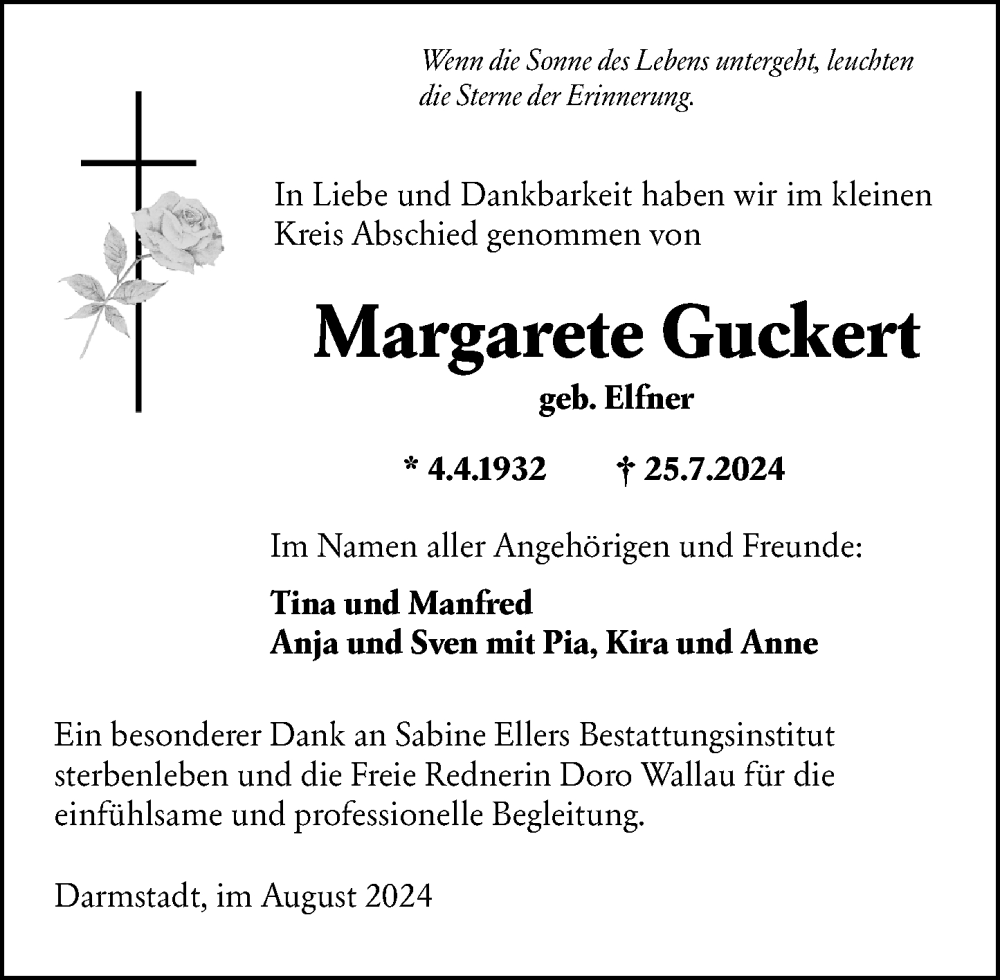  Traueranzeige für Margarete Guckert vom 31.08.2024 aus Darmstädter Echo