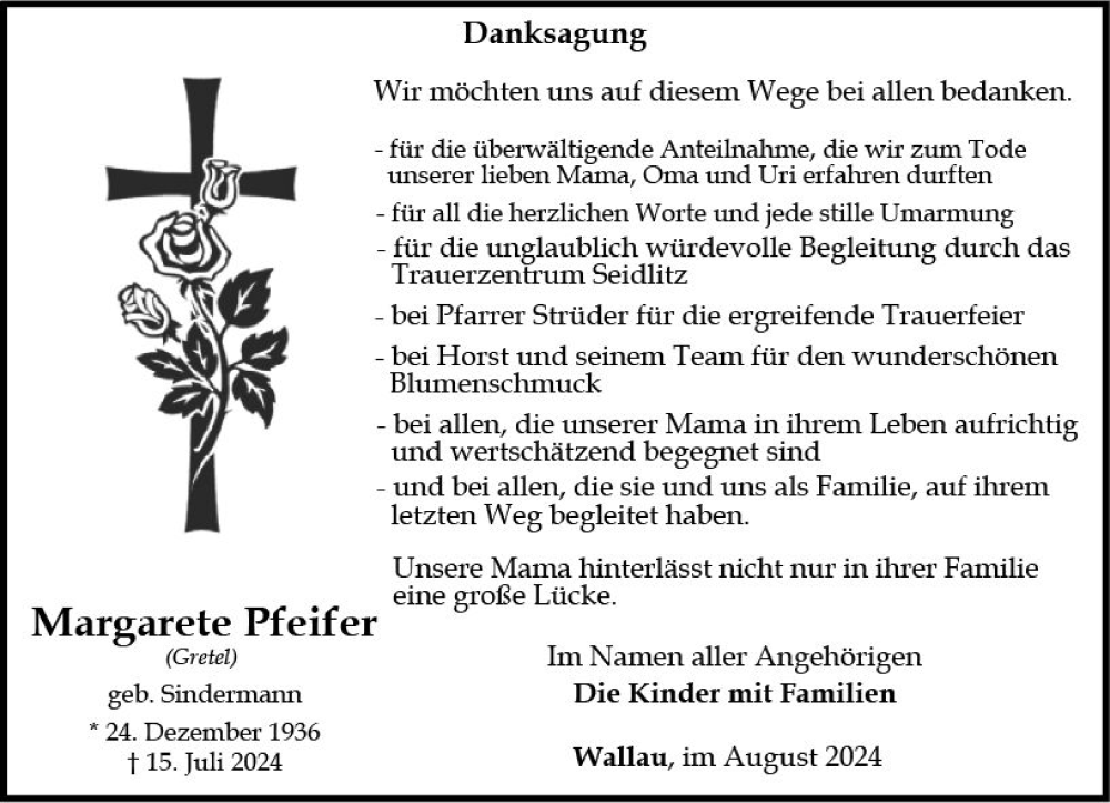 Traueranzeige für Margarete Pfeifer vom 24.08.2024 aus Hinterländer Anzeiger