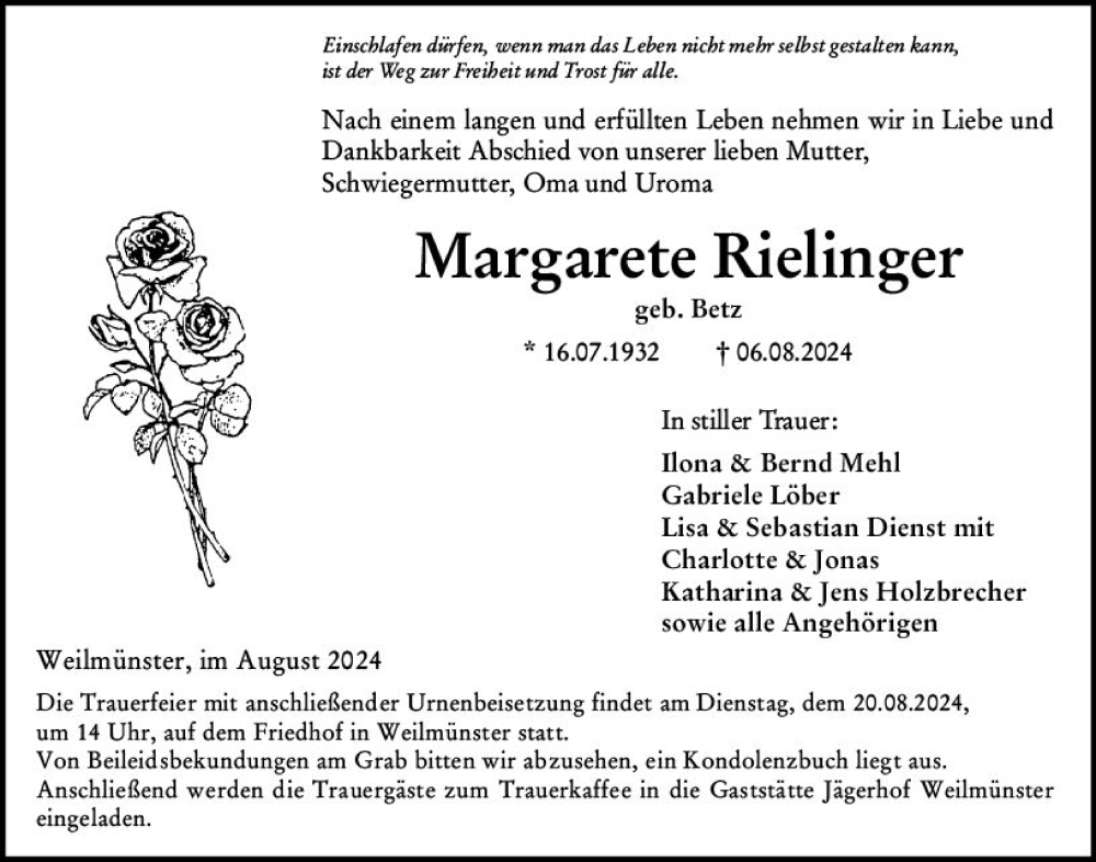  Traueranzeige für Margarete Rielinger vom 17.08.2024 aus Weilburger Tageblatt
