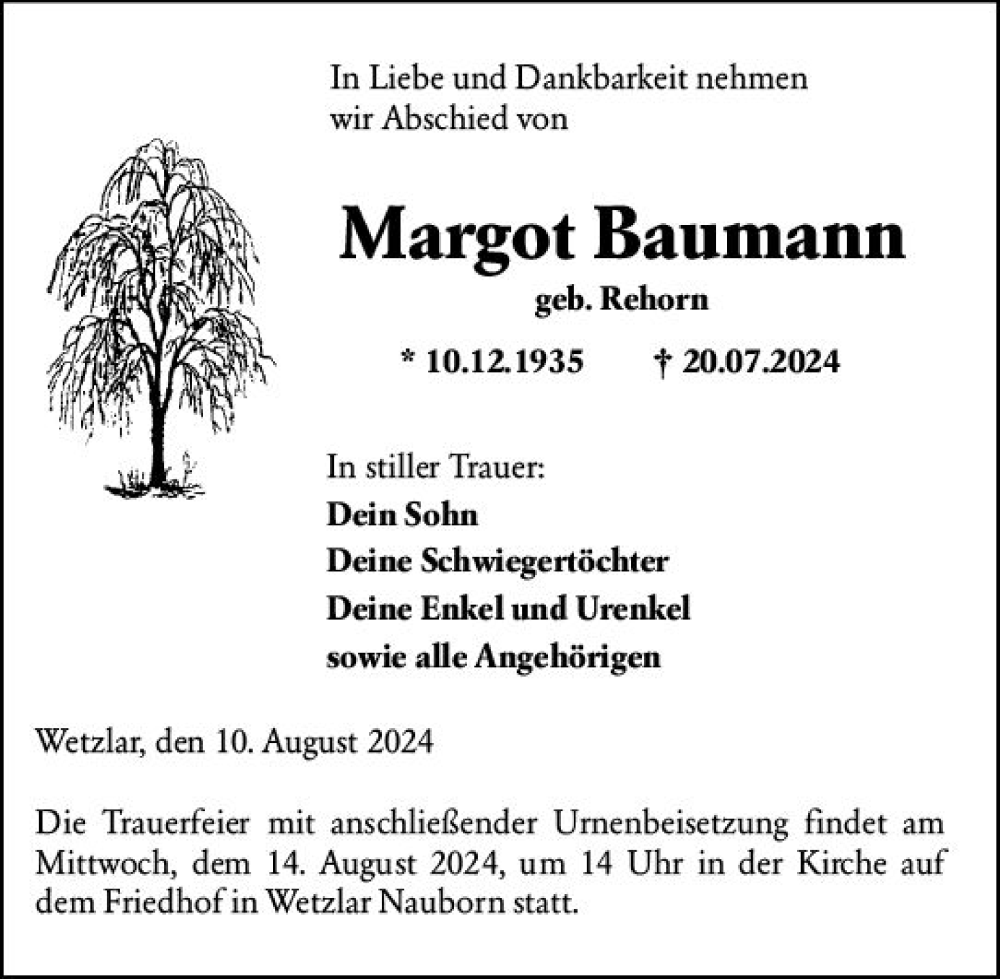  Traueranzeige für Margot Baumann vom 10.08.2024 aus Wetzlarer Neue Zeitung