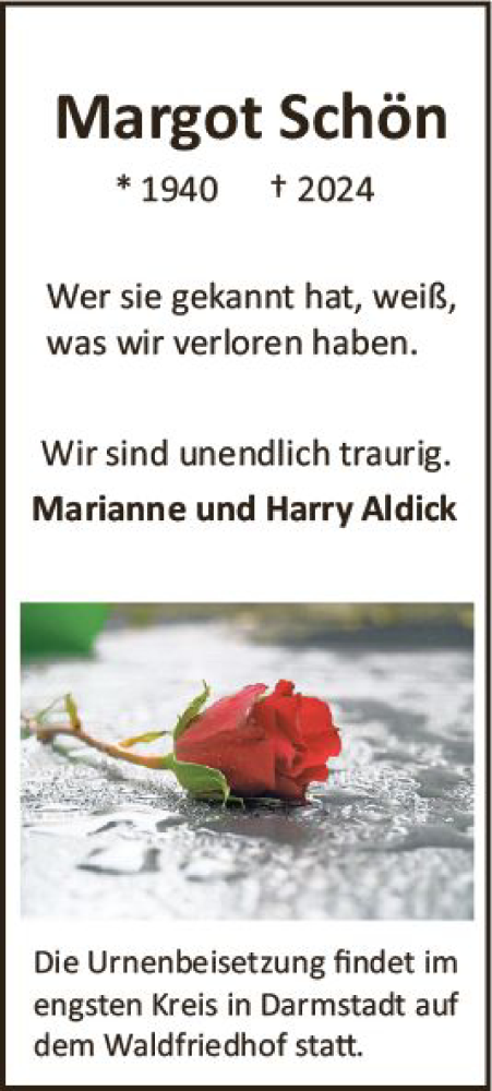 Traueranzeige von Margot Schön von Darmstädter Echo