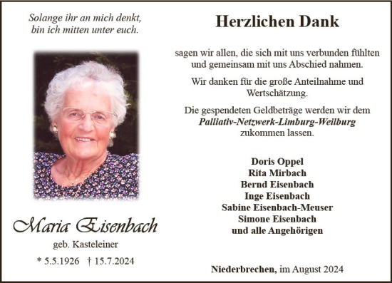 Traueranzeige von Maria Eisenbach von Camberger Anzeiger