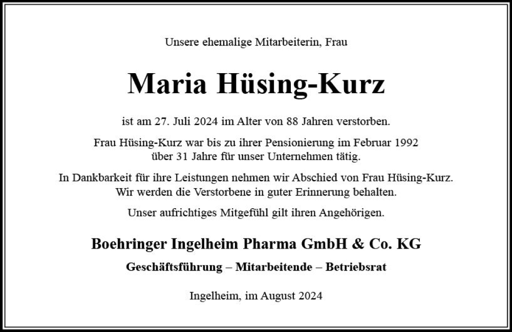  Traueranzeige für Maria Hüsing-Kurz vom 19.08.2024 aus Allgemeine Zeitung Rheinhessen-Nahe