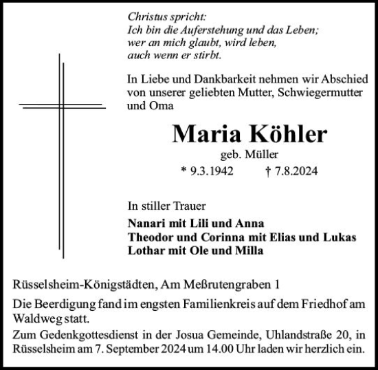 Traueranzeige von Maria Köhler von Rüsselsheimer Echo