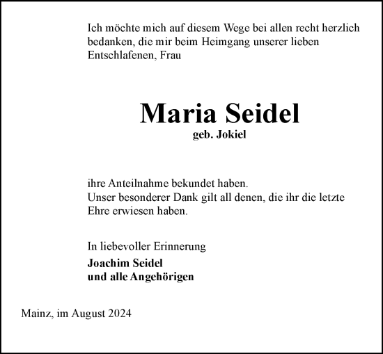 Traueranzeige von Maria Seidel von Allgemeine Zeitung Mainz