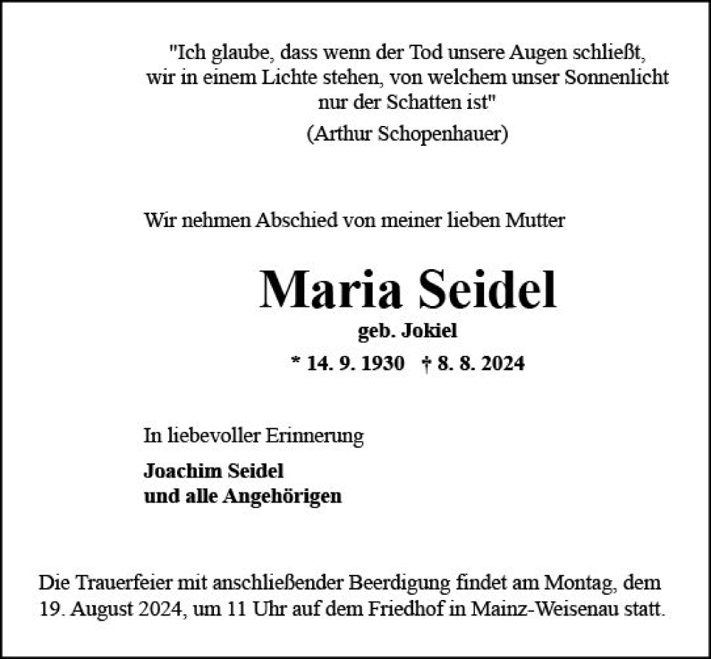  Traueranzeige für Maria Seidel vom 14.08.2024 aus Allgemeine Zeitung Mainz