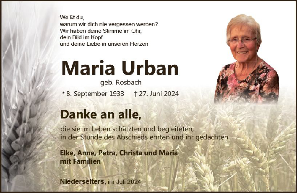  Traueranzeige für Maria Urban vom 01.08.2024 aus Camberger Anzeiger