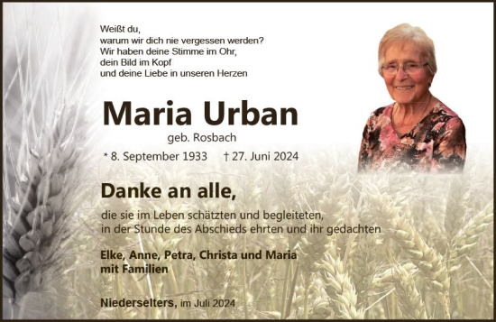 Traueranzeige von Maria Urban von Camberger Anzeiger