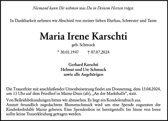 Traueranzeige von Maria Irene Karschti von Allgemeine Zeitung Mainz