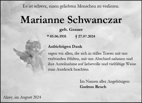 Traueranzeige von Marianne Schwanczar von Allgemeine Zeitung Alzey