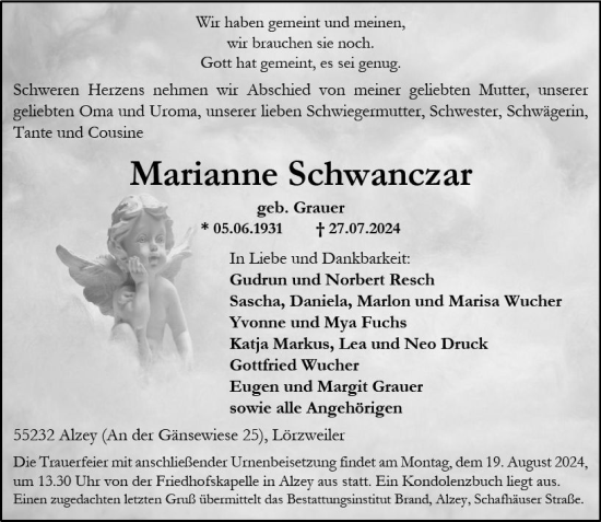 Traueranzeige von Marianne Schwanczar von Allgemeine Zeitung Alzey
