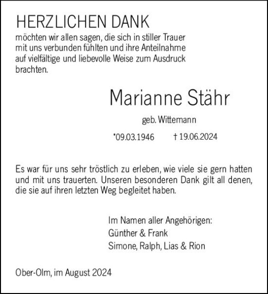 Traueranzeige von Marianne Stähr von Allgemeine Zeitung Mainz