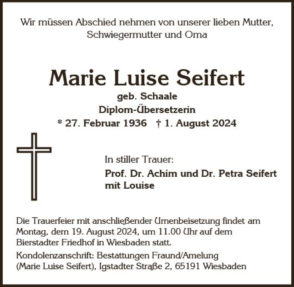  Traueranzeige für Marie Luise Seifert vom 10.08.2024 aus Wiesbadener Kurier