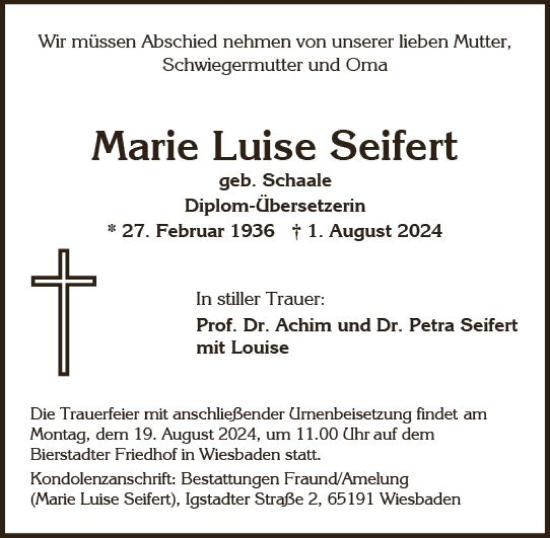 Traueranzeige von Marie Luise Seifert von Wiesbadener Kurier