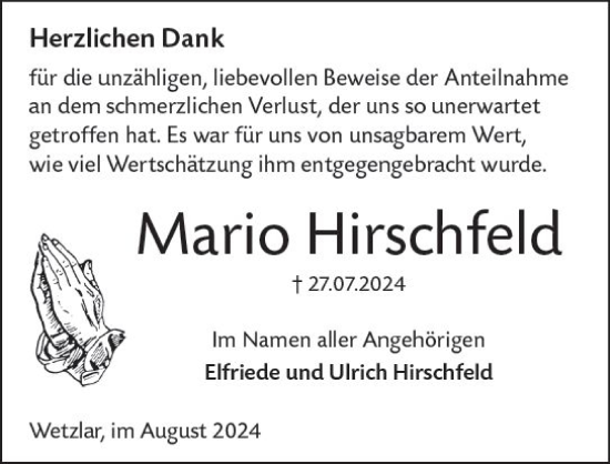 Traueranzeige von Mario Hirschfeld von Wetzlarer Neue Zeitung