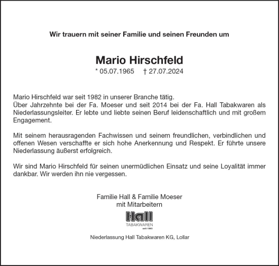 Traueranzeige von Mario Hirschfeld von Wetzlarer Neue Zeitung