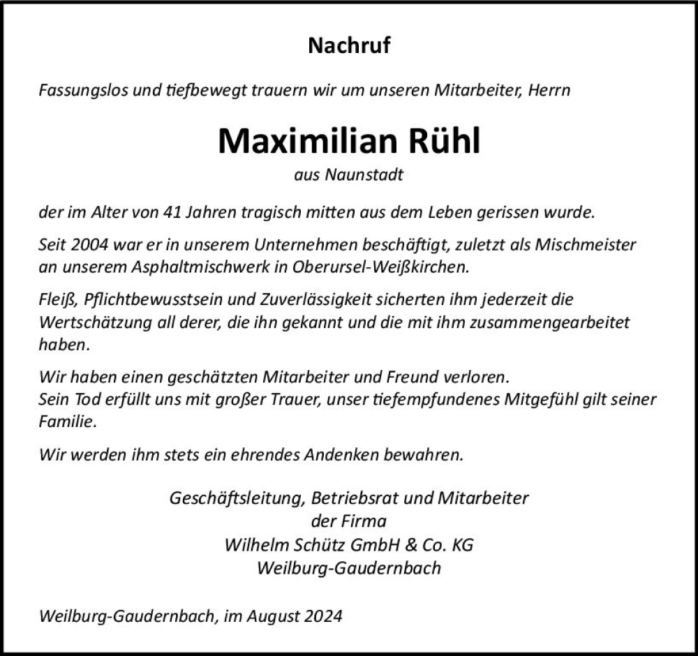  Traueranzeige für Maximilian Rühl vom 17.08.2024 aus Weilburger Tageblatt