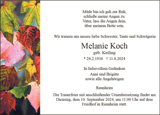 Traueranzeige von Melanie Koch von Rüsselsheimer Echo