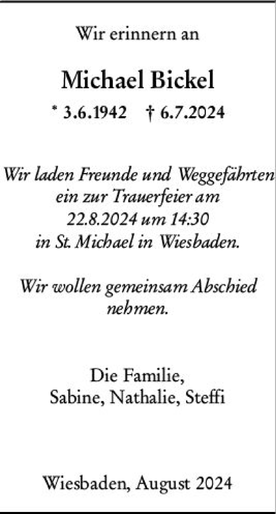 Traueranzeige von Michael Bickel von Wiesbadener Kurier