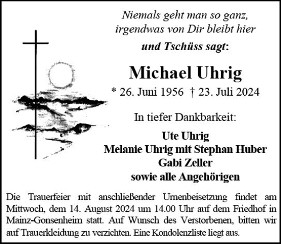 Traueranzeige von Michael Uhrig von Allgemeine Zeitung Mainz