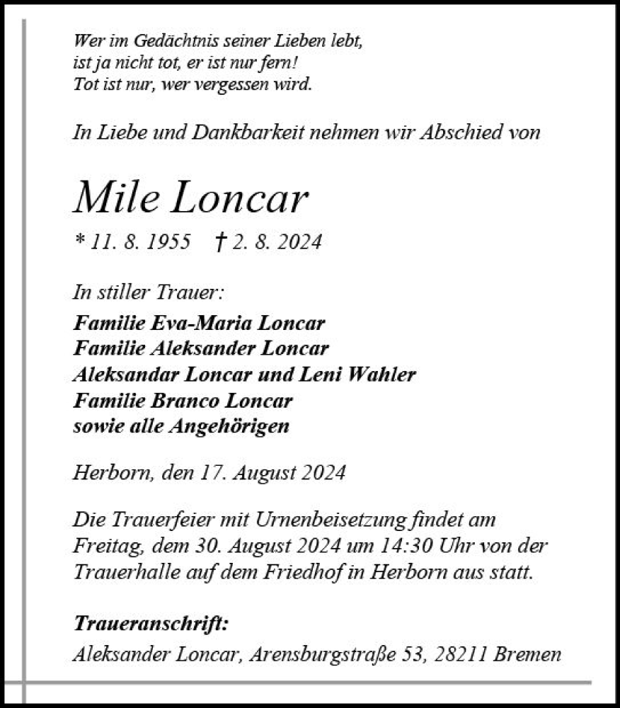  Traueranzeige für Mile Loncar vom 17.08.2024 aus Dill Block
