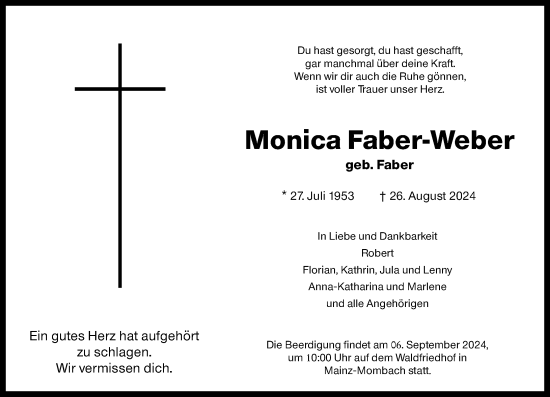 Traueranzeige von Monica Faber-Weber von Allgemeine Zeitung Mainz