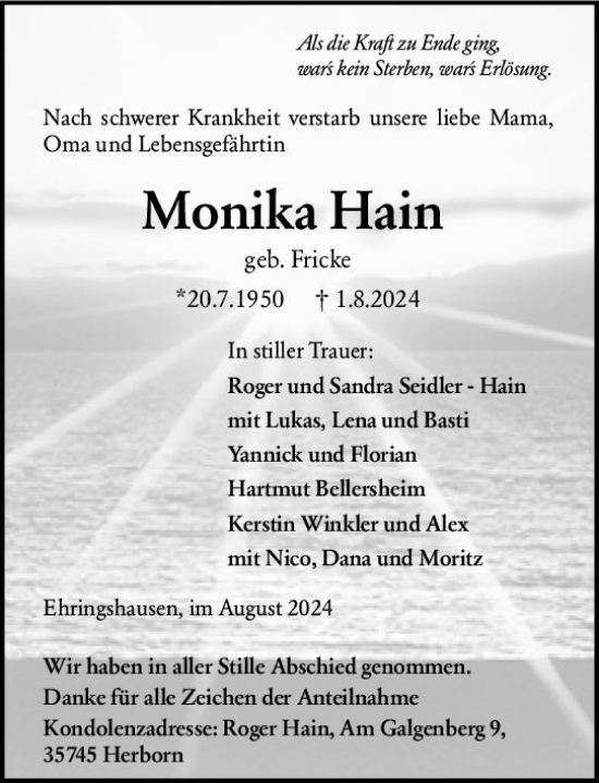 Traueranzeige von Monika Hain von Wetzlarer Neue Zeitung