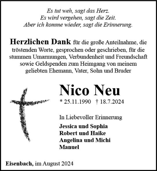 Traueranzeige von Nico Neu von Camberger Anzeiger