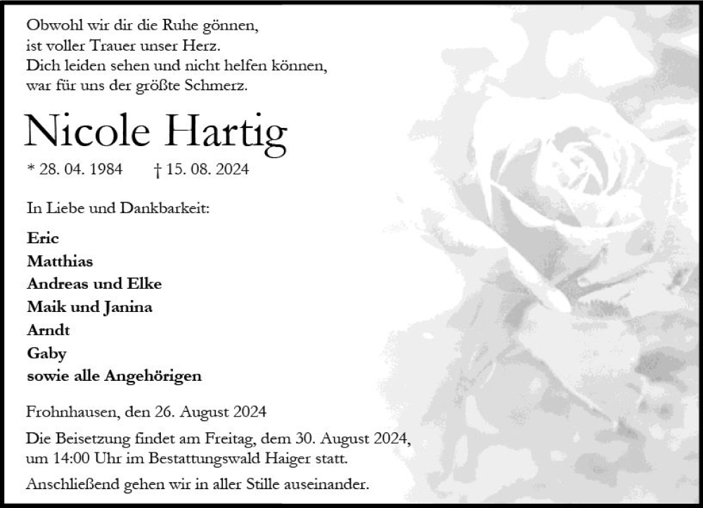  Traueranzeige für Nicole Hartig vom 26.08.2024 aus Dill Block