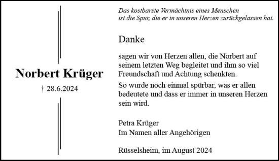 Traueranzeige von Norbert Krüger von Rüsselsheimer Echo