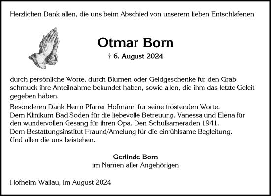 Traueranzeige von Otmar Born von Wiesbadener Kurier