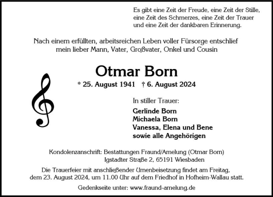 Traueranzeige von Otmar Born von Wiesbadener Kurier