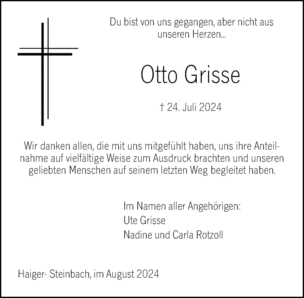  Traueranzeige für Otto Grisse vom 31.08.2024 aus Dill Block