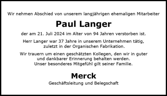 Traueranzeige von Paul Langer von Darmstädter Echo