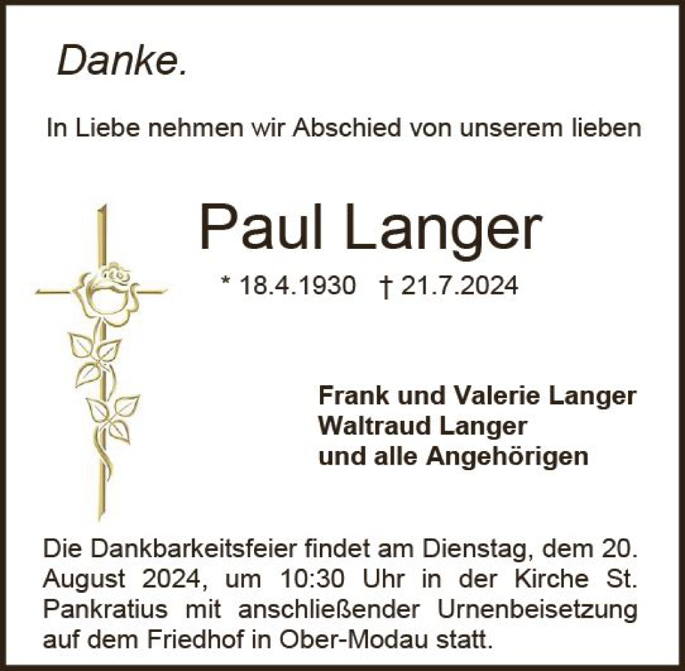  Traueranzeige für Paul Langer vom 10.08.2024 aus Darmstädter Echo