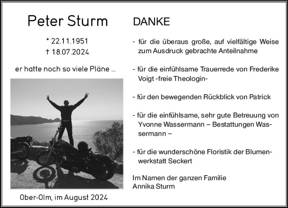  Traueranzeige für Peter Sturm vom 10.08.2024 aus Allgemeine Zeitung Mainz