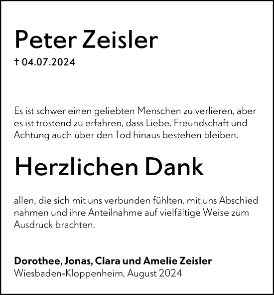 Traueranzeige von Peter Zeisler von Wiesbadener Kurier