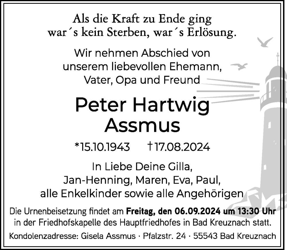  Traueranzeige für Peter Hartwig Assmus vom 31.08.2024 aus Allgemeine Zeitung Rheinhessen-Nahe