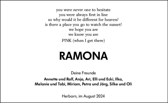Traueranzeige von Ramona  von Dill Block