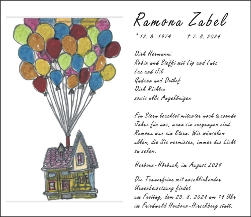  Traueranzeige für Ramona Zabel vom 19.08.2024 aus Dill Block