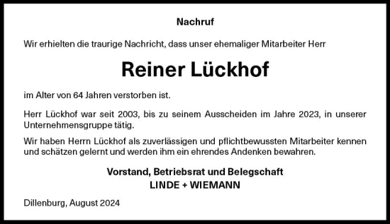 Traueranzeige von Reiner Lückhof von Dill Block