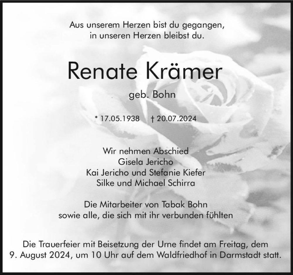  Traueranzeige für Renate Krämer vom 03.08.2024 aus Darmstädter Echo