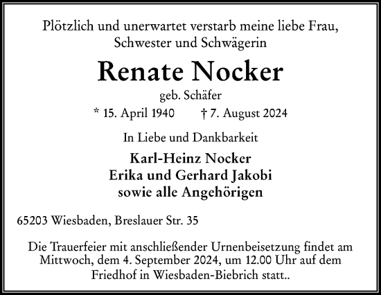 Traueranzeige von Renate Nocker von Wiesbadener Kurier