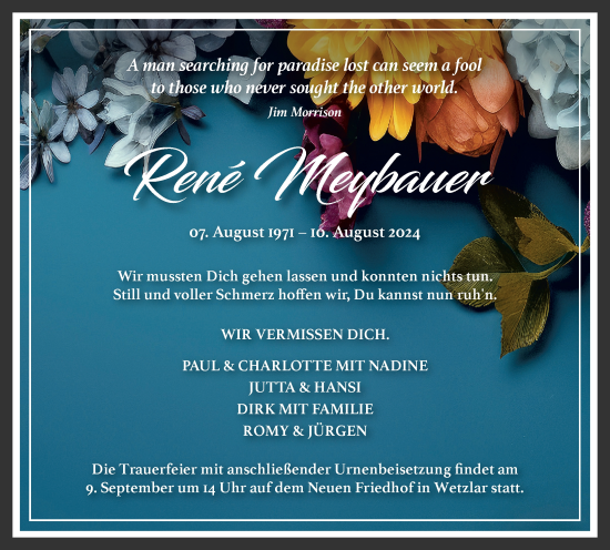 Traueranzeige von Rene Meybauer von Wetzlarer Neue Zeitung